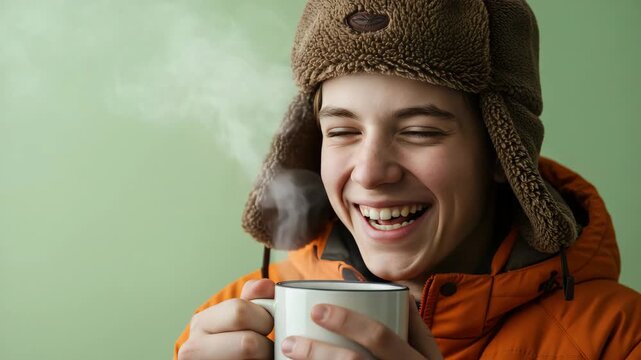 Teen boy in furry winter hat and orange jacket laughing while holding steaming hot beverage &mdash; cozy indoor winter scene ideal for lifestyle advertising, wellness branding, seasonal storytelling
