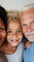 Close-up of different generations sharing a warm interaction, softly lit with natural light on a neutral minimalist background.