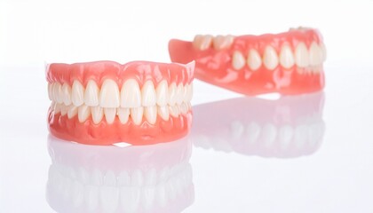 Obraz premium Upper dentures with pink acrylic gum base and white artificial teeth arranged in natural dental arch on plain background.