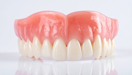 Obraz premium Upper dentures with pink acrylic gum base and white artificial teeth arranged in natural dental arch on plain background.