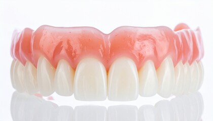 Obraz premium Upper dentures with pink acrylic gum base and white artificial teeth arranged in natural dental arch on plain background.
