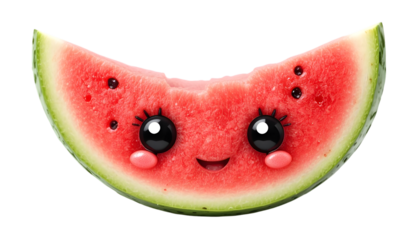 A cute watermelon slice with a smiling face isolated on transparent background