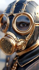 Fototapeta premium Macro shot of a steampunk respirator made of tarnished brass and glass, featuring intricate screws, scratches, and patina, illuminated by vintage yellow industrial light.
