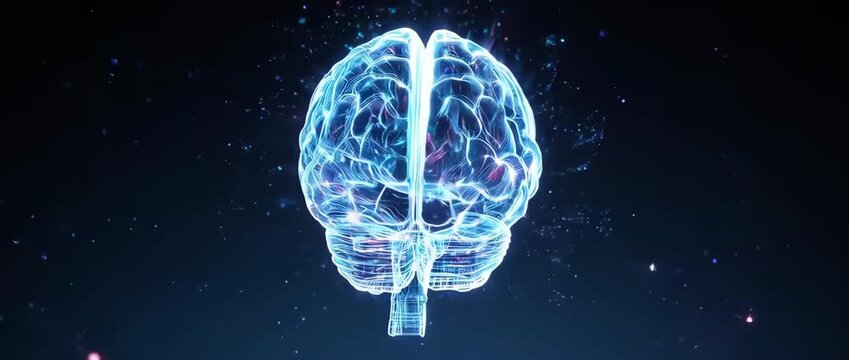 Holographic Digital Brain Representing AI and Machine Learning. Symbolizing concepts of artificial intelligence, deep learning, consciousness, and advanced data processing.