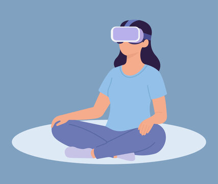 A woman meditates in a virtual reality headset, exploring digital mindfulness and immersive relaxation in a modern, serene flat vector illustration