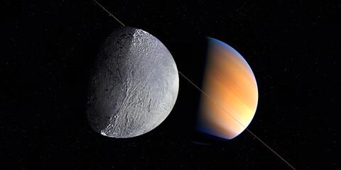 Enceladus Saturn Moon - Saturn's moon Enceladus is a small, icy world that has geyser-like jets spewing water vapor and ice particles into space. © Catmando