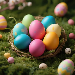 Naklejka premium Easter composition made with colorful eggs. Creative holiday concept.