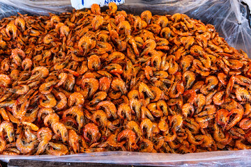 Fried prawns or shrimp for sale at a stall at Mercado Ver o Peso, Belem, State of Para, Amazon region, Brazil