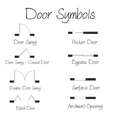 Architectural door symbols diagram including swing, pocket, bypass, bifold, surface, and arched door types for floor plans