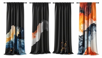 Dual-layer blackout curtains with abstract watercolor outer layer and matte black inner lining, minimal folds, white background.
