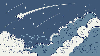 Whimsical cartoon night sky with swirling clouds, stars, and shooting star in a dreamy blue color palette