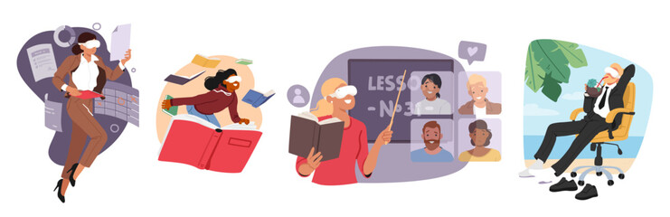 Diverse people characters using V goggles and augment reality opportunities for work, rest and study