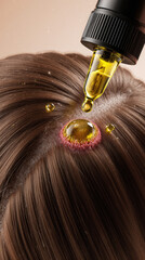 Microscopic view of hair follicle, oil droplets. 3D illustration of haircare shampoo, conditioner, serum. Nourishing effects of hair care product. Healthy hair, scalp treatment, cosmetic technology