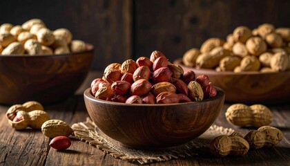 Wooden bowl filled with golden roasted peanuts on rustic surface