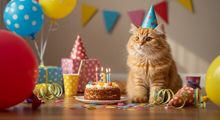 A fluffy orange cat wearing a birthday hat sits in front of a small cake with candles, surrounded by balloons and party decorations.