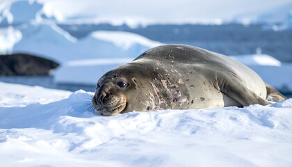 Seal resting on snow, icy background