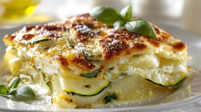 Close-up of a freshly baked parmigiana bianca with zucchine and patate.