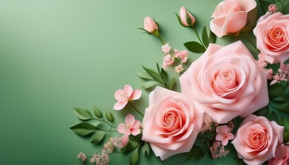 Obraz premium Elegant Pink Roses And Delicate Blooms On A Soft Green Background