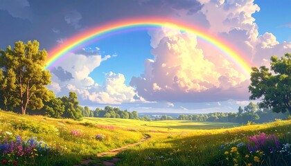 Obraz premium Lush meadow, rainbow, summer sky