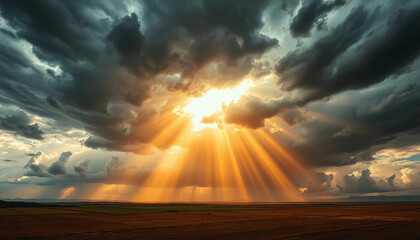 Sunbeams shining through dark storm clouds. Dramatic natural scene