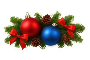 Festive christmas arrangement with red and blue baubles, pine needles, cone, and satin bows on transparent background