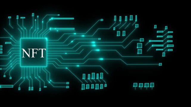 Neon circuit board with N F T text glowing on central chip digital technology concept non-fungible token