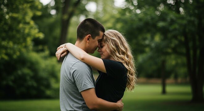 A couple embracing in a park, their foreheads touching, surrounded by lush greenery.