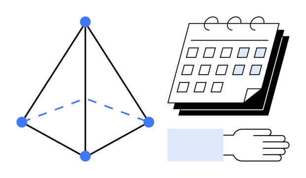 Geometric pyramid with connected nodes, spiral-bound calendar, and hand representing organization, planning, collaboration, teamwork, scheduling, simplicity and task management. Ideal for time