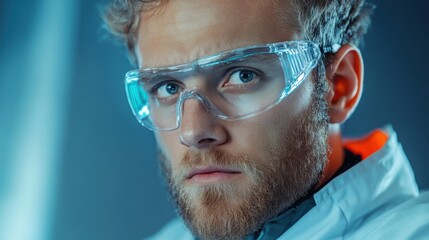 A male engineer in a futuristic tech lab observing a holographic 3D blueprint, surrounded by neon glows and ultra-realistic high-tech aesthetics.