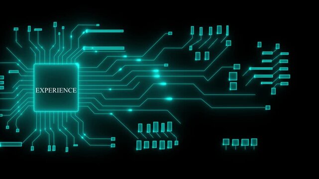 Futuristic circuit board with glowing cyan lines and the word E X P E R I E N C E on a central processor chip against a dark black background representing digital technology and innovation