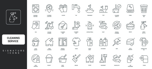 Cleaning gel and sponge, mop and broom for housework thin black and red outline symbols vector illustration Cleaning service for house, detergent and janitors equipment, household tools line icon set.