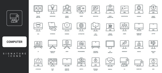 Video and online search display, user profile registration thin black and red outline symbols vector illustration Computer monitor and PC, laptop screen, server with different processes line icon set.
