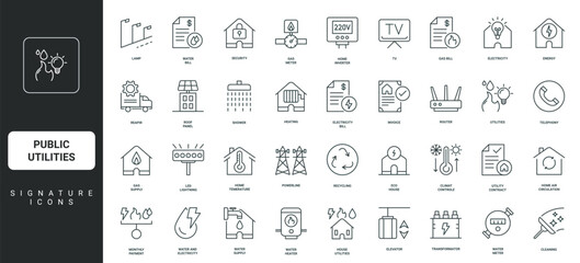 Monthly payment for bill, internet and TV thin black and red outline symbols vector illustration Public utilities, electricity and heating, water and gas meters and supply, sewerage line icon set.