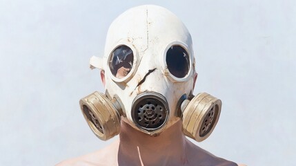 Moody portrait of a man with a battered gas mask, textured dusty background, dystopian muted palette, realistic rendering, and haunting deep shadows.