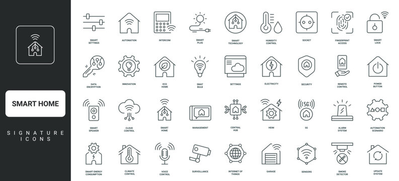 Eco innovation, security, alarm system thin black and red outline symbols vector illustration Smart home automation scenario and remote control of device, sensor and thermostat line icon set.