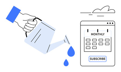 Hand pouring water from watering can onto a calendar with monthly subscription theme, symbolizing growth and nurturing. Ideal for business, marketing, e-commerce, strategy, planning, subscription