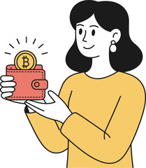 Vector art of a woman is holding a wallet with a bitcoin in it the woman is smiling and looking at the wallet the bitcoin is glowing and shining the woman is wearing a yellow shirt