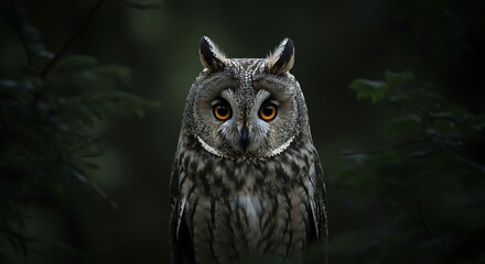 Detailed close up of a long eared owl against a dark natural backdrop