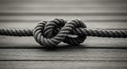 Obraz premium Detailed close up of a rope knot on wooden surface