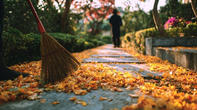 Autumnal Path: A lone figure sweeps a pathway, scattering leaves, setting in motion a gentle reminder of seasonal transition and the tranquility that embraces nature.