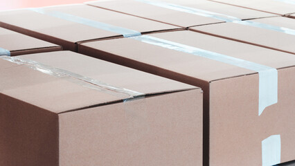 Cardboard boxes on rack in logistics distribution warehouse storage, storage logistics delivery concept background
