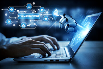 Obraz premium A modern scene showcasing the integration of advanced technology in risk management, featuring a robotic hand interacting with data on a laptop in a sophisticated workspace. Tessel