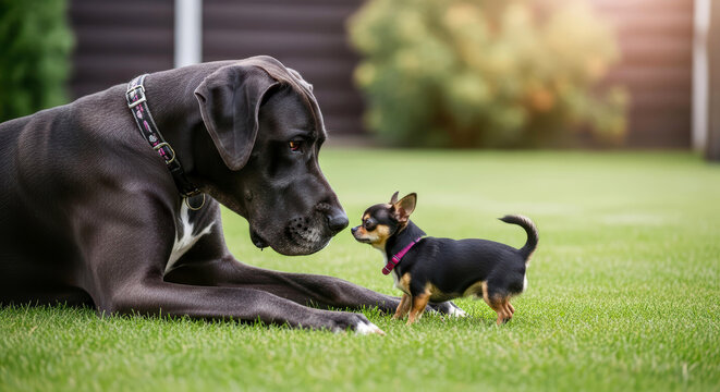 Giant and dwarf, the friendly encounter between a Great Dane and a Chihuahua, a perfect illustration symbolizing contrasts, friendship, and acceptance