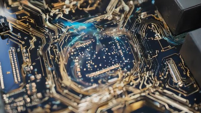 Futuristic Computer Circuit Board with Flowing Data Animation. This background is perfect for themes of technology, data processing, computer hardware, and innovation.