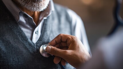 Checking the Heartbeat: A close-up view captures the intimate moment of a doctor using a stethoscope to assess the heartbeat of an elderly patient. A scene that depicts care, health.