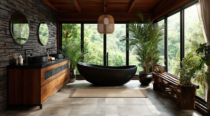 Une salle de bain avec de grandes fenêtres donnant sur la nature, comprenant une baignoire noire, un meuble avec deux vasques en bois foncé, des plantes vertes, dans une ambiance de bois et de pierres