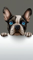 Un chien de race bouledogue français adorable avec des yeux bleus regardant au dessus d'un mur blanc, illustration avec espace pour texte, idéale pour message publicitaire.