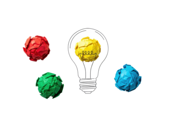 Four distinct crumpled paper balls (red, green, blue) surrounding a yellow one in a hand-drawn lightbulb, white background, soft shadows, concept of ideation and innovation