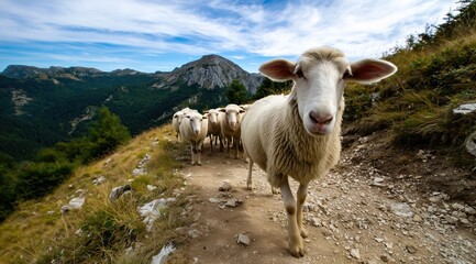 Un troupeau de moutons marchant sur un sentier de montagne, collines en arrière-plan, ciel bleu avec nuages.