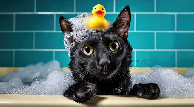 Un chat noir assis dans une baignoire, le visage couvert de mousse de savon, un canard en caoutchouc jaune sur la t&ecirc;te cr&eacute;ant une sc&egrave;ne fantaisiste et amusante.